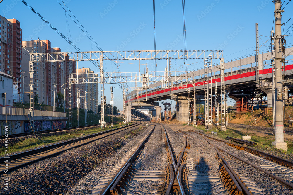View on tracks 2, 1, 4, 3 and overpass of track 2B of the reconstructed Reutovo station of Moscow Railway, Reutov, Moscow region, Russian Federation, August 21, 2020