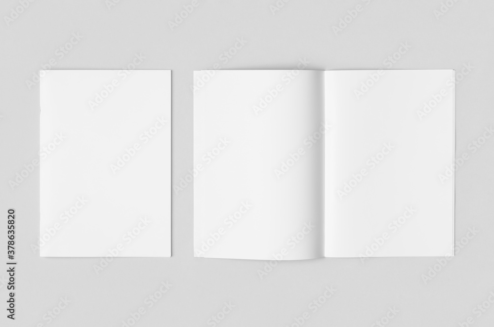 A4 portrait magazine, catalog mockup. Cover and opened, saddle stitch. A4 portrait magazine, catalog mockup. Cover and opened, saddle stitch.
