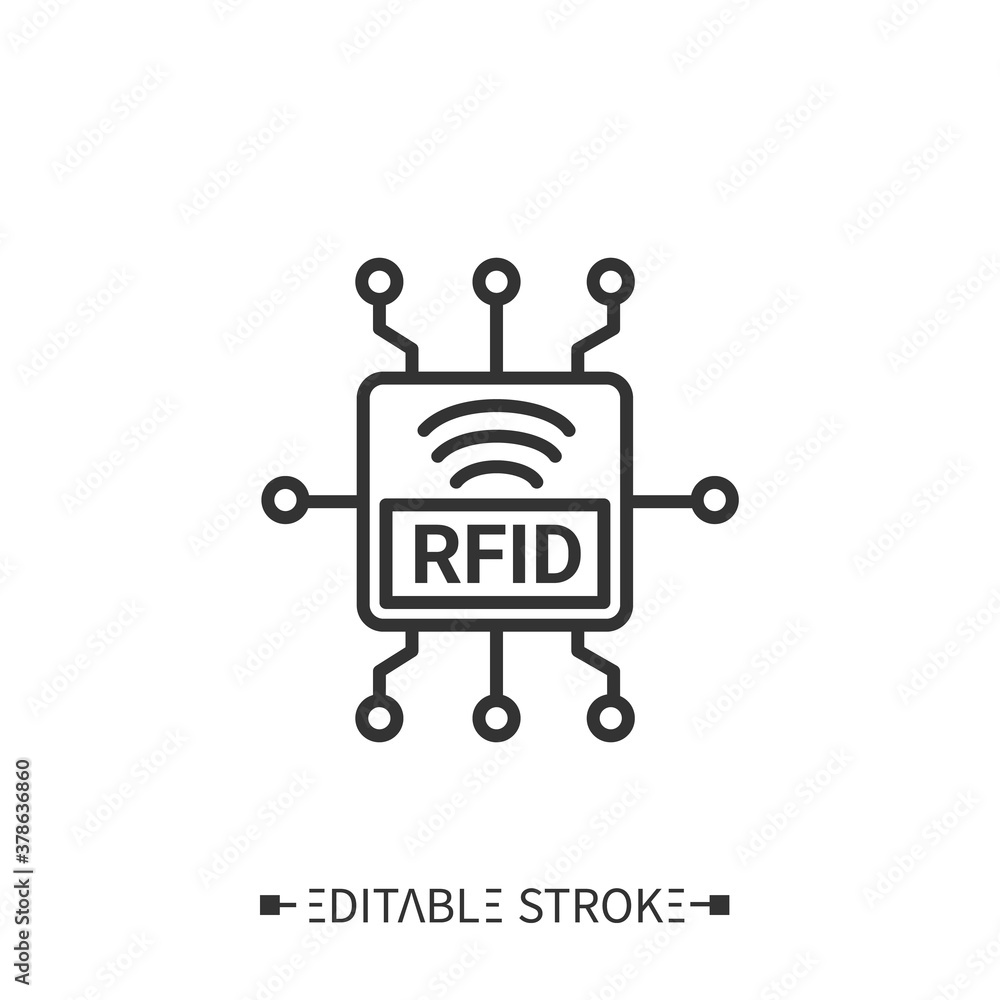 Radio frequency identification line icon. RFID chip. Theft protect. Transportation, storage and logistics service. Inventory tracking and control concept. Isolated vector illustration. Editable stroke Radio frequency identification line icon. RFID chip. Theft protect. Transportation, storage and logistics service. Inventory tracking and control concept. Isolated vector illustration. Editable stroke