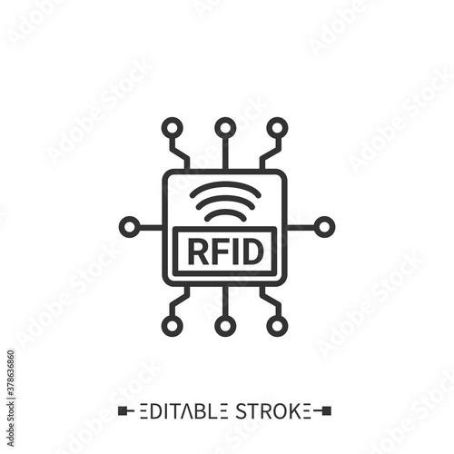 Radio frequency identification line icon. RFID chip. Theft protect. Transportation, storage and logistics service. Inventory tracking and control concept. Isolated vector illustration. Editable stroke