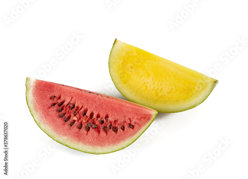 yellow and red water melon slices isolated on white background