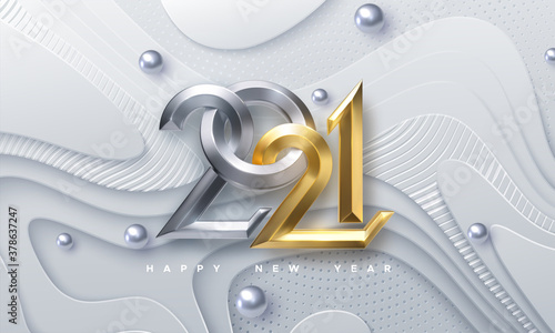 Happy New 2021 Year. Vector holiday illustration. Silver and Golden 3d numbers on white abstract topography background. Festive event banner. Geometric wavy shapes. Poster or cover design