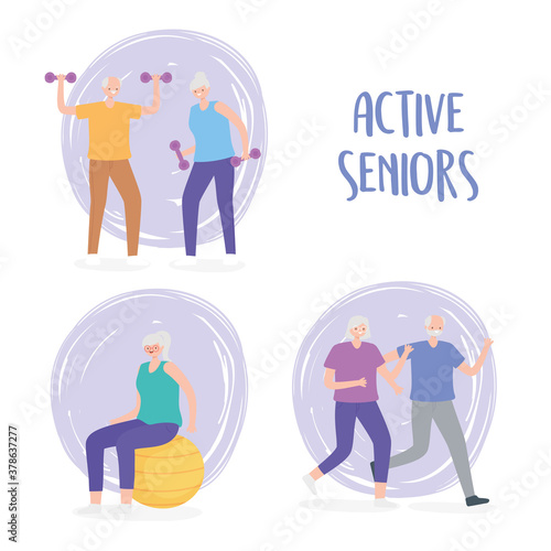 activity seniors, group people elderly characters practicing physical activities