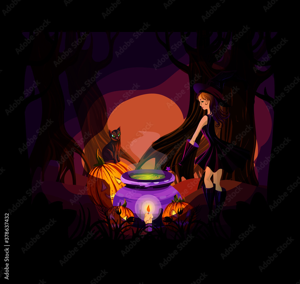 
stylized Halloween poster design. Image of a cute witch surrounded by pumpkins, a cat and a cauldron in a dark fairy-tale forest, lit only by candles. EPS10