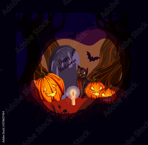 
stylized Halloween poster design. Image of a cute black cat surrounded by pumpkins and bat in a dark fairy-tale forest, lit only by candles. EPS10