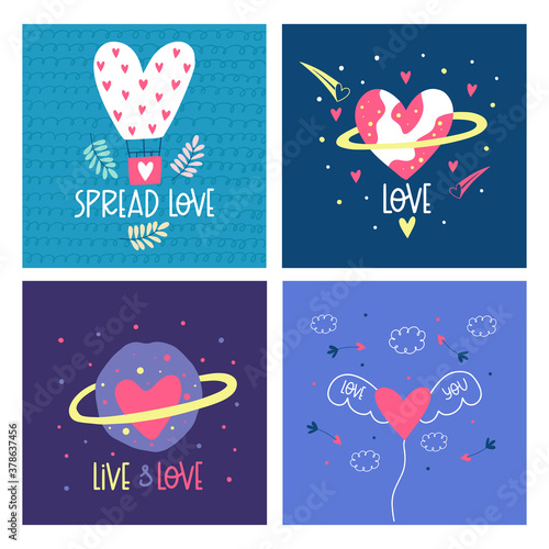 Set of Valentine's Day greeting cards. Design for valentine and wedding. Vector cartoon illustration.