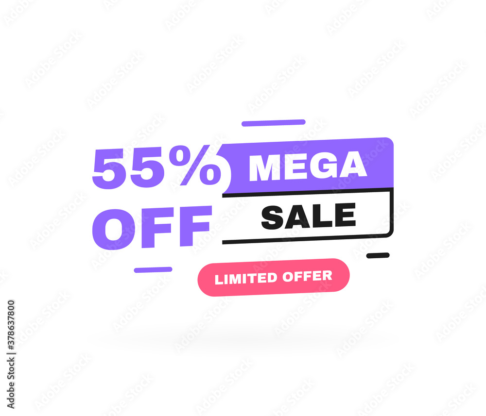 Mega sale banner design with sale tag. Limited offer 55 percent off discount. Banners template design for business, promotion, sale and advertising. Vector illustration