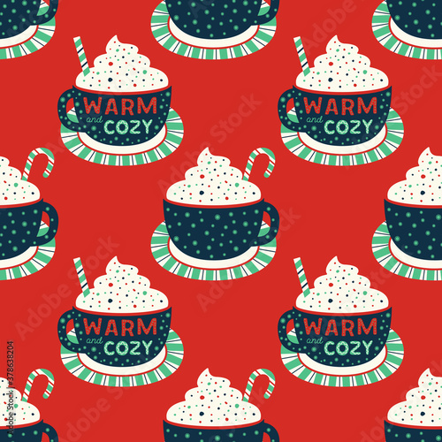 Warm cozy cocoa cup vintage retro seamless pattern