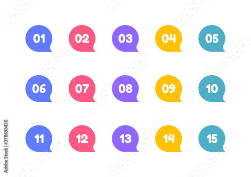 Super set bullet point on white background. Colorful markers with number from 1 to 15. Modern vector illustration
