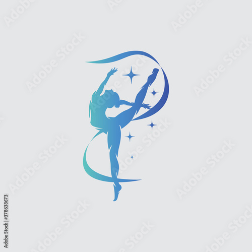Young gymnast woman dance with ribbon logo