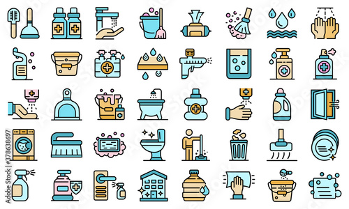 Disinfection icons set. Outline set of disinfection vector icons thin line color flat on white