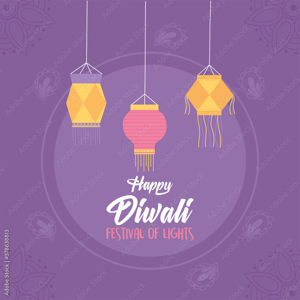 Naklejka premium happy diwali, purple background hanging lanterns festival lights, vector design