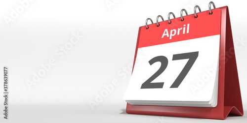 April 27 date on the flip calendar page, 3d rendering