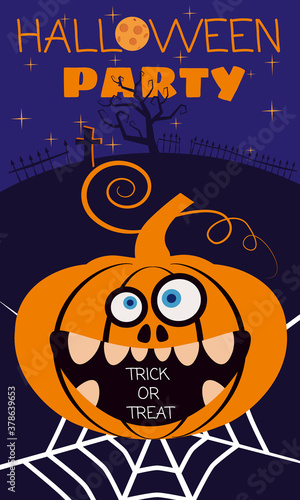 Halloween Party holiday greeting card merry pumpkin in spider web. Template banner, flyer, poster vector illustration