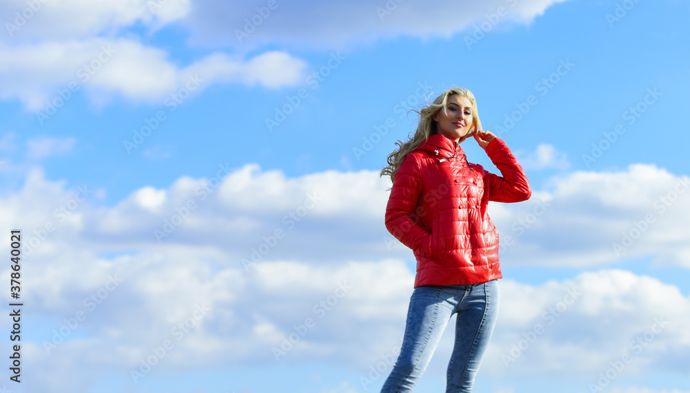 Wind of changes. Female psychology. Woman fashion model outdoors. Woman enjoy cool weather. Matching style and class with luxury and comfort. Fashion outfit. Windy day. Girl red jacket cloudy sky Wind of changes. Female psychology. Woman fashion model outdoors. Woman enjoy cool weather. Matching style and class with luxury and comfort. Fashion outfit. Windy day. Girl red jacket cloudy sky