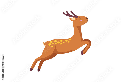 Cheerful reindeer jumping in the air. Woodland deer in cartoon style. Isolated vector illustration