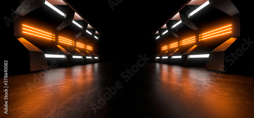 Fototapeta Naklejka Na Ścianę i Meble -  A dark corridor lit by colorful neon lights. Reflections on the floor and walls. 3d rendering image.