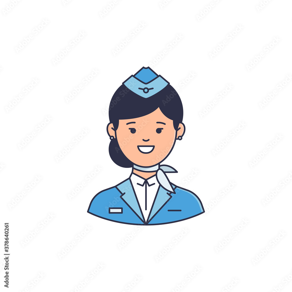 Stewardess in blue uniform avatar. Icon of Flight attendant. Stroke vector illustratin Stewardess in blue uniform avatar. Icon of Flight attendant. Stroke vector illustratin