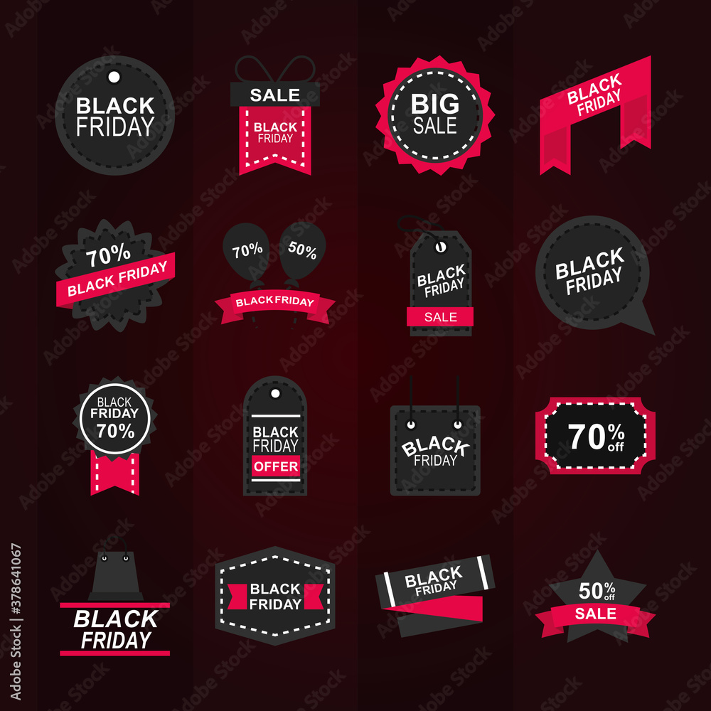 black friday, sale offer discount collection icons red and dark layout flat style