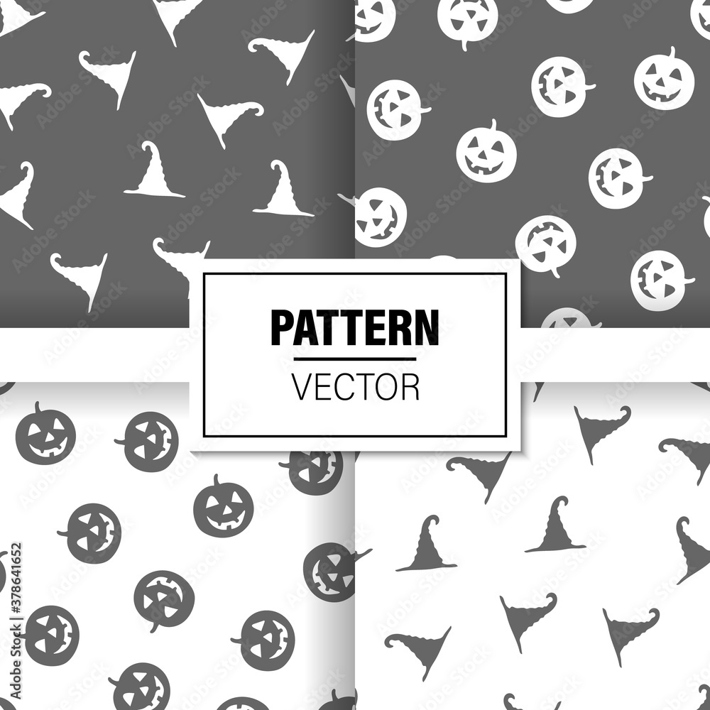 Halloween Backgrounds. Concept of halloween patterns witch hats and pumpkins. Patterns set. Vector illustration