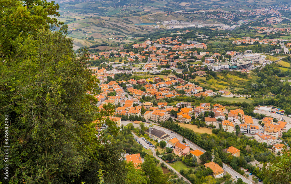 Aerial panoramic view of towns and streets in the Republic of San Marino from the fortress