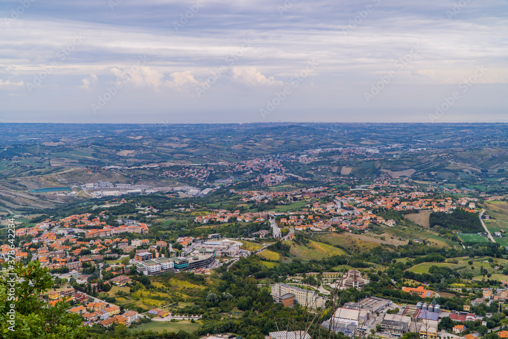 Panoramic view of the micro state of San Marino with small towns from San Marino fortress