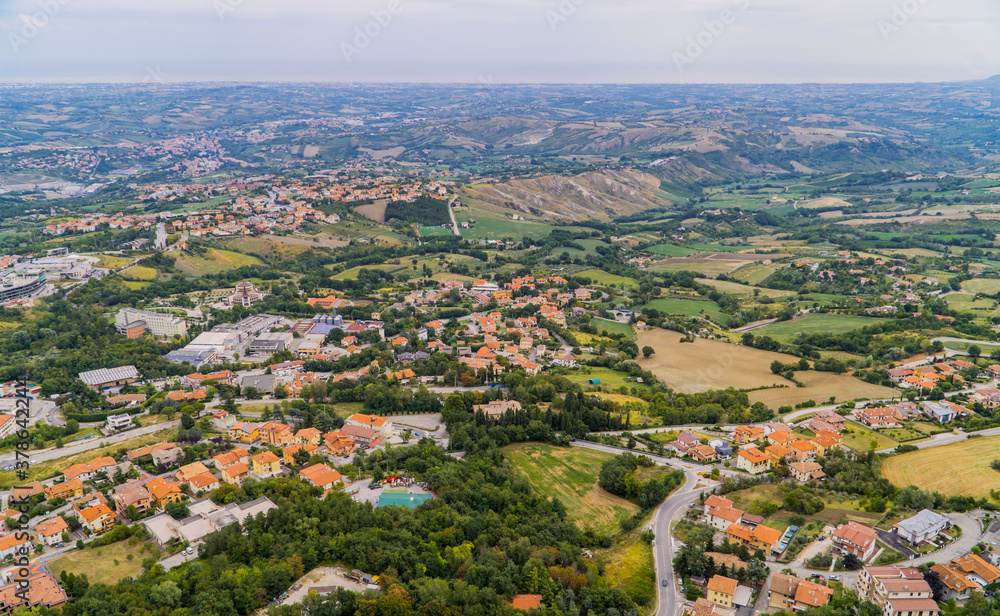 Panoramic view of towns in San Marino near the capital of San Marino