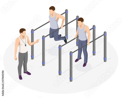 Isometric sportsman making workout, push-ups and exercises. Street workout exercises and outdoor gymnastics