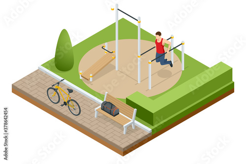 Isometric sportsman making workout, push-ups and exercises. Street workout exercises and outdoor gymnastics