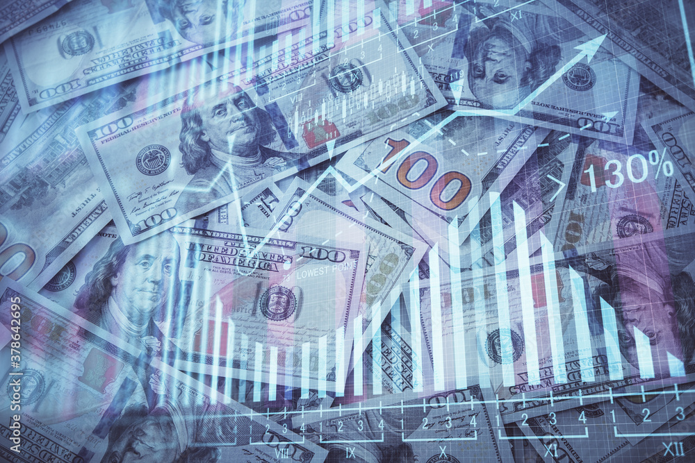 Double exposure of forex graph drawing over us dollars bill background. Concept of financial markets. Double exposure of forex graph drawing over us dollars bill background. Concept of financial markets.