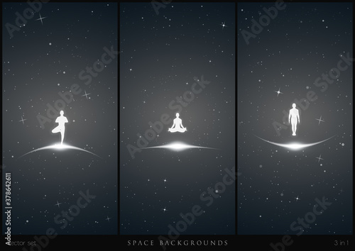 Yoga people silhouettes. Abstract starry backgrounds. Black white set