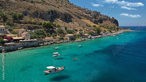 Aerial drone photo of beautiful small seaside village of Limeni with emerald clear sea  Mani Peninsula  Lakonia  Peloponnese  Greece