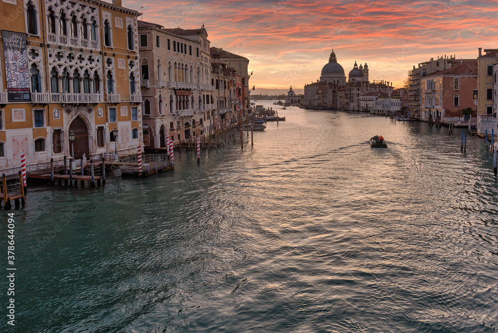 Venice, Italy - A sunrise view from Accademia bridge in Venice, Italy, of the church 