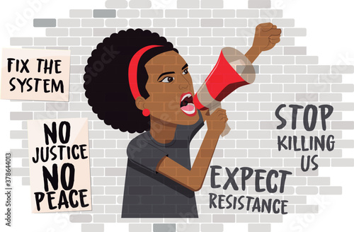 Black woman protest for her civil rights is painted on the wall as a graffiti