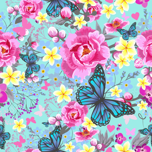 Multicolored different flowers seamless pattern. Beautiful background print for fabric. Vector illustration