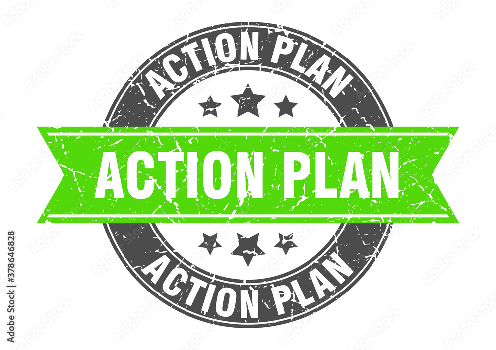 Obraz premium action plan round stamp with ribbon. label sign