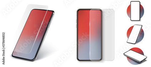 Realistic smartphone mockup UI/UX. Smartphone with glass screen protector set. Transparent tempered glass shield for phone. Phone with transparent plastic protection film against damage and scratches