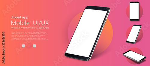 Realistic smartphone mockup. Device UI/UX mockup for presentation template. . Cellphone frame with blank display isolated templates, phone different angles views. 3d isometric illustration cell phone