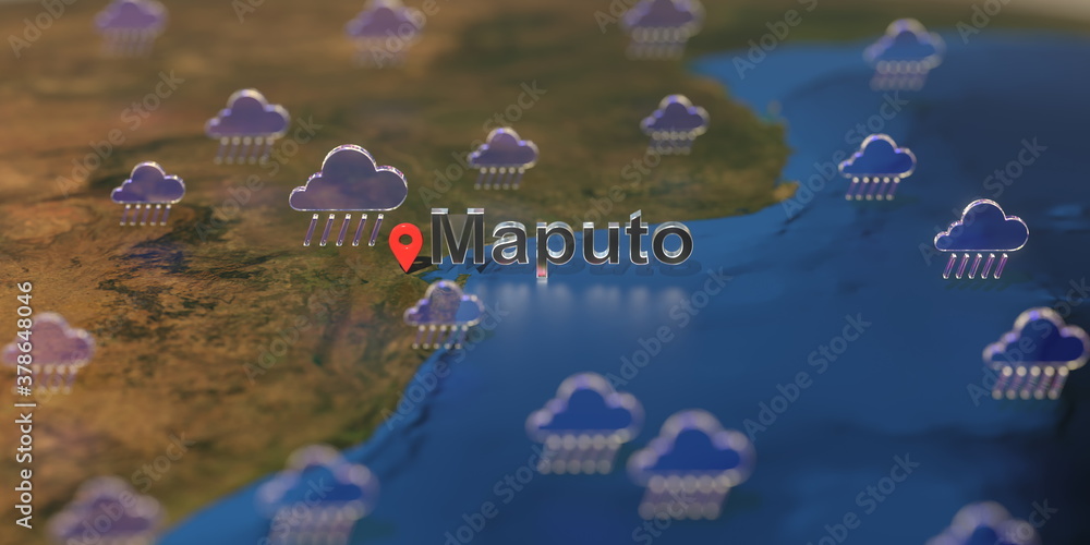 Maputo city and rainy weather icon on the map, weather forecast related 3D rendering Maputo city and rainy weather icon on the map, weather forecast related 3D rendering