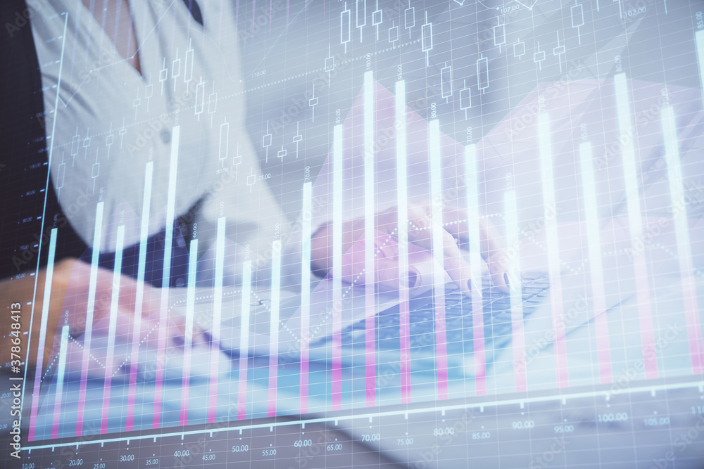 Double exposure of businesswoman hands typing on computer and forex graph hologram drawing. Financial analysis concept. Double exposure of businesswoman hands typing on computer and forex graph hologram drawing. Financial analysis concept.
