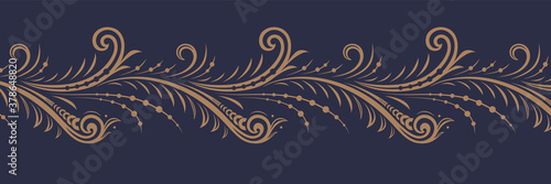 Vintage ornate seamless border pattern. Elements of russian traditional style hohloma in author's ornament. Golden ornament of curls and spirals on blue background