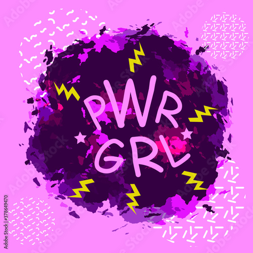 POWER GIRL, purple cloud with the initials pwg with rays coming out of it on a pink background decorated with textured circles