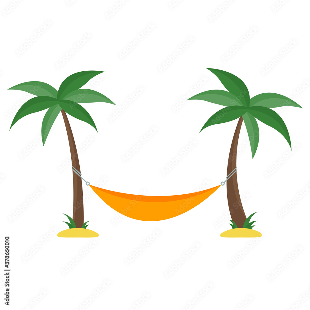 Hammock between two palm trees isolated on white background. Flat style vector illustration Hammock between two palm trees isolated on white background. Flat style vector illustration