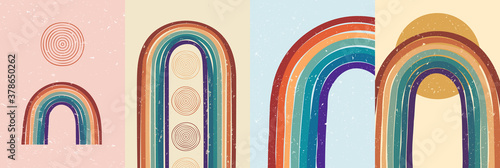 Vector illustration. Abstract poster set. Contemporary backgrounds. Colorful rainbow. Design elements for book cover, page template, print, card, brochure, magazine, poster. 60s, 70s retro graphic