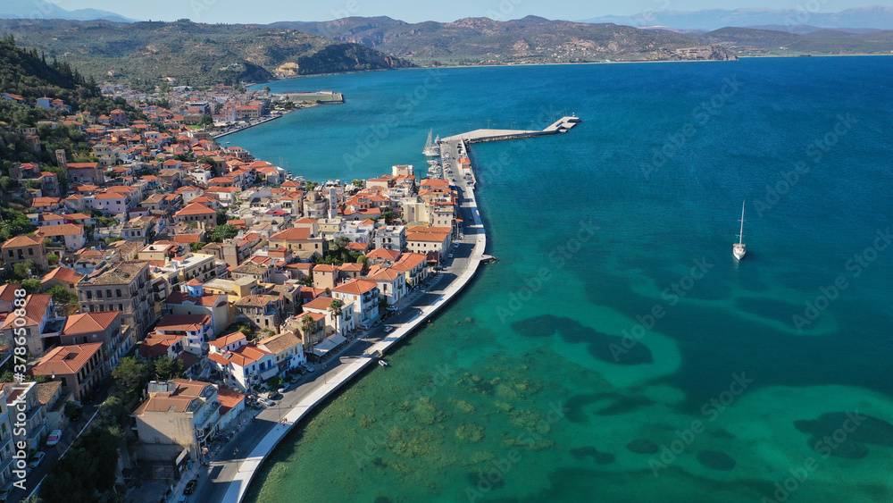 Aerial drone photo of picturesque small fishing village of Gytheio in South Peloponnese, Lakonia, Greece