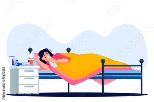 Flu sick woman lying in bed under blanket. Young girl have autumn or winter seasonal cold infection. Vector illustration