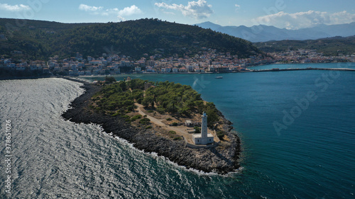 Aerial drone photo of famous small islet of Kranai known for old lighthouse and tower of Tzannetakis, Gytheio, Lakonia, Peloponnese, Greece photo