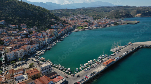 Aerial drone photo of picturesque small fishing village of Gytheio in South Peloponnese, Lakonia, Greece