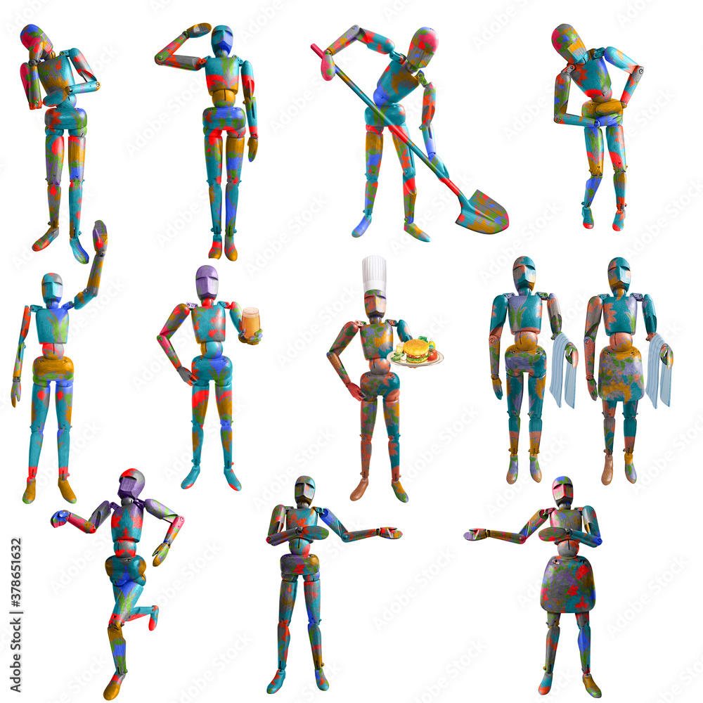 bon homme en bois, figurine, pose, coloré, vie, métier, gens, isolé