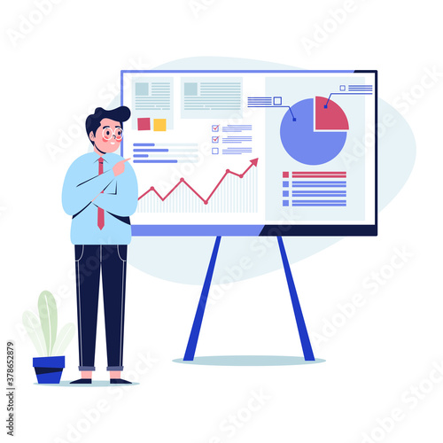 Businessman pointing at charts on a board during business presentation. Flat design vector illustration